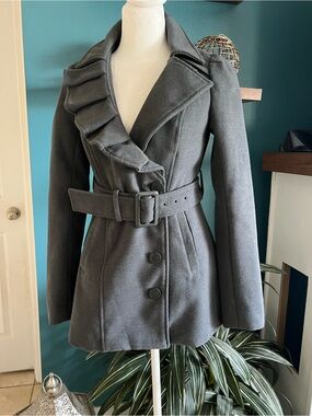 New York & Company Gray Ruffle Belted Trench Coat
